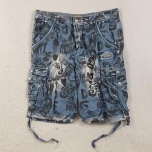 Cargo Shorts Mens 32 Blue All Over Print Multi Pocket Drawstring Y2K Streetwear